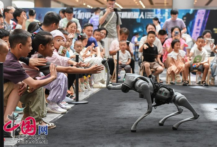  7月6日，浙江省金华市金华之光文化广场科技馆内，小朋友与智能机器狗互动。新华社发（时宽兵 摄）