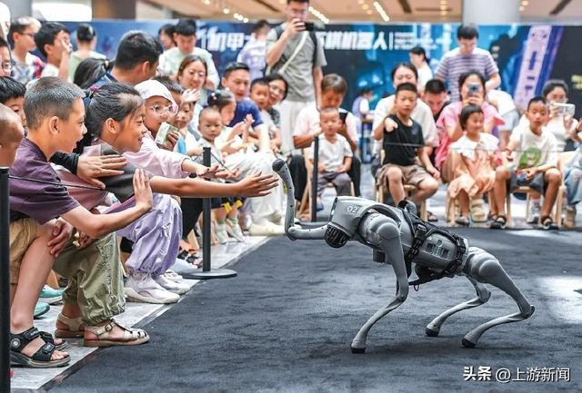 ▲7月6日，浙江省金华市金华之光文化广场科技馆内，小朋友与智能机器狗互动。时宽兵摄/新华社