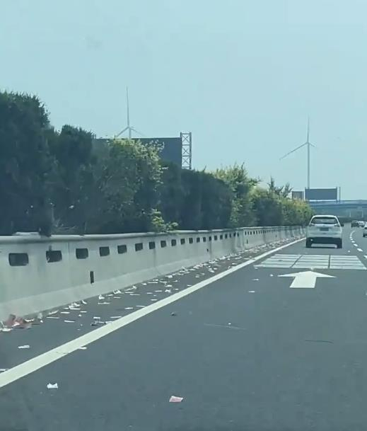 　高速上飘散着大量红色纸币（视频截图）