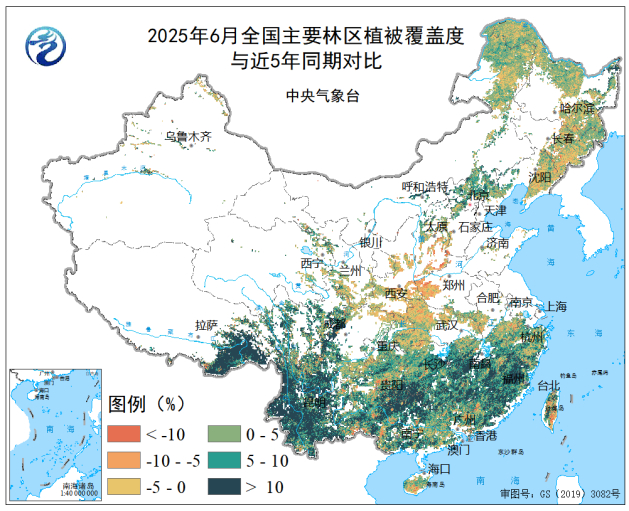 图4 全国主要林区植被覆盖度与近5年同期对比
