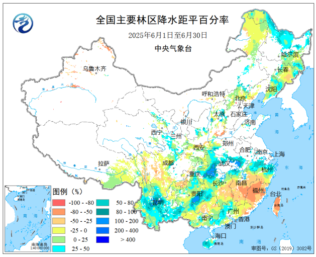 图3 2025年6月全国主要林区降水距平百分率