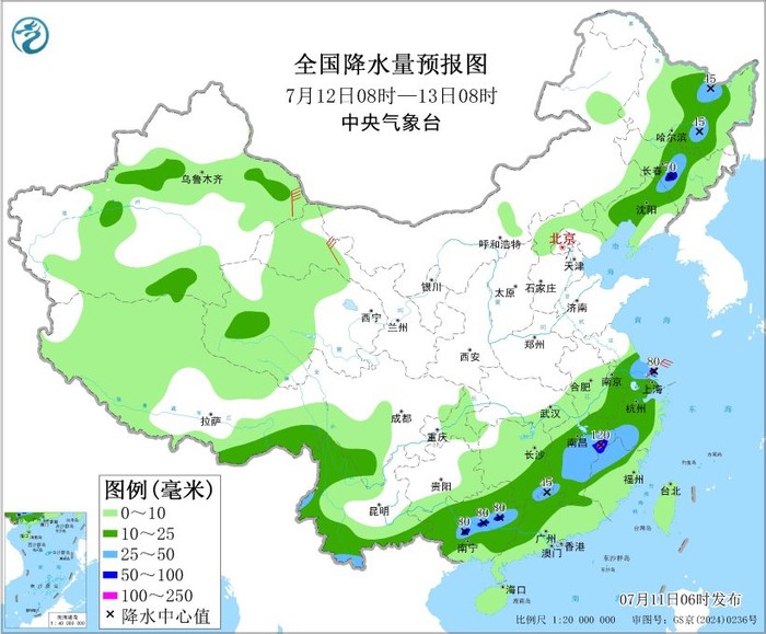 图3 全国降水量预报图（7月12日08时-13日08时）