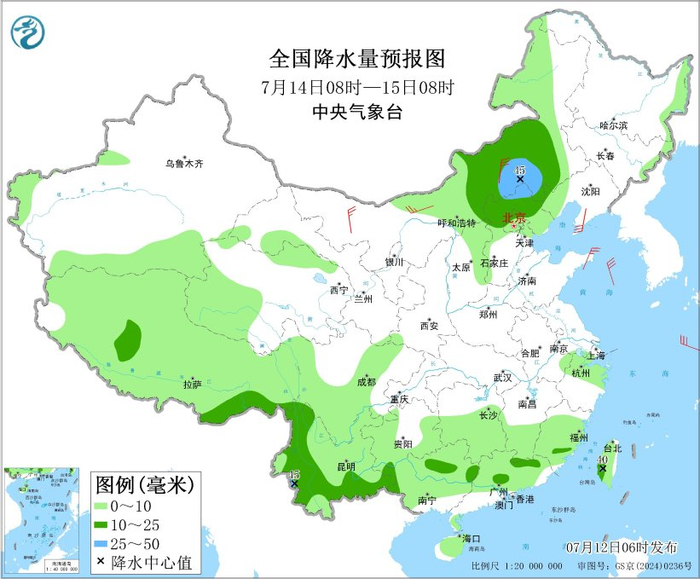 图3 全国降水量预报图（7月14日08时-15日08时）