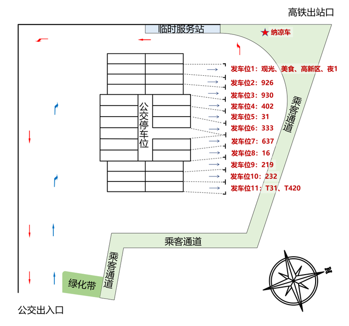 高铁西站公交枢纽线路乘车区指示图