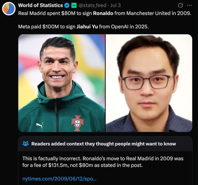 网友将华人 AI 研究员与 C 罗对比｜图片来源：X