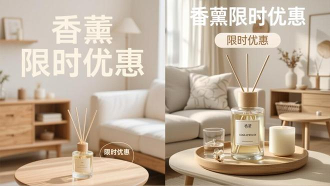 海报的完成度较高，但海报中的香薰瓶产品与原始参考图存在一定偏离，产品外型未能完全还原，且缺乏针对性促销表达。
