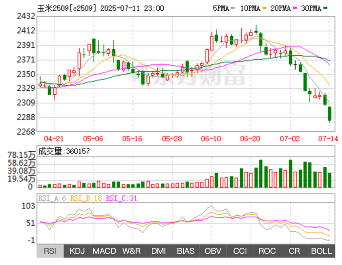 图2 大商所C2509玉米期货价格走势图（日k行情）（截图来源：东方财富网）