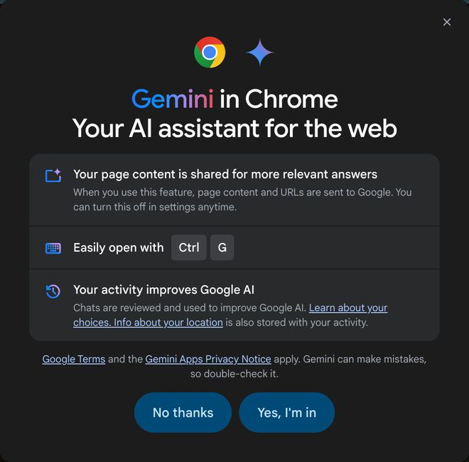 我们今天看到、Gemini 在 Chrome 中的落地就是这一派的著名代表 ｜ 图片来源：极客公园