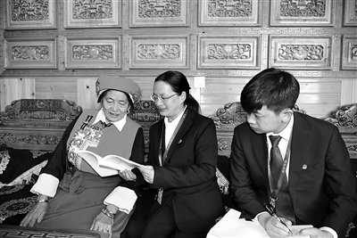 图为王燕琳（中）正在向群众讲解巡察工作的目的和意义，收集群众的意见建议。何维龙 摄