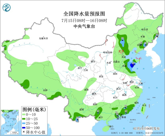 图3 全国降水量预报图（7月15日08时-16日08时）