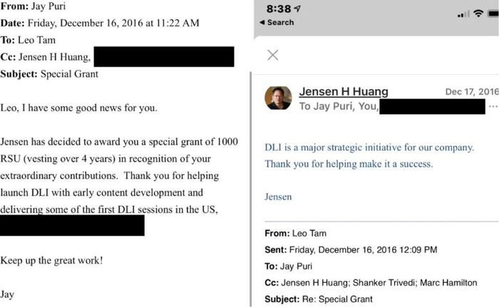 英伟达全球运营副总裁Jay邮件告知股票激励，黄仁勋转发邮件，来源：Leo Tam