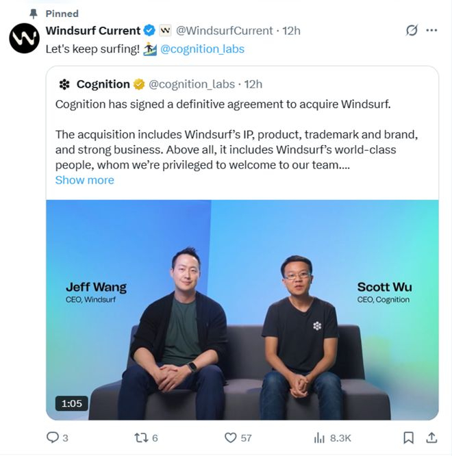 ▲Cognition与Windsurf在海外社交媒体X上发布联合视频（来源：X）