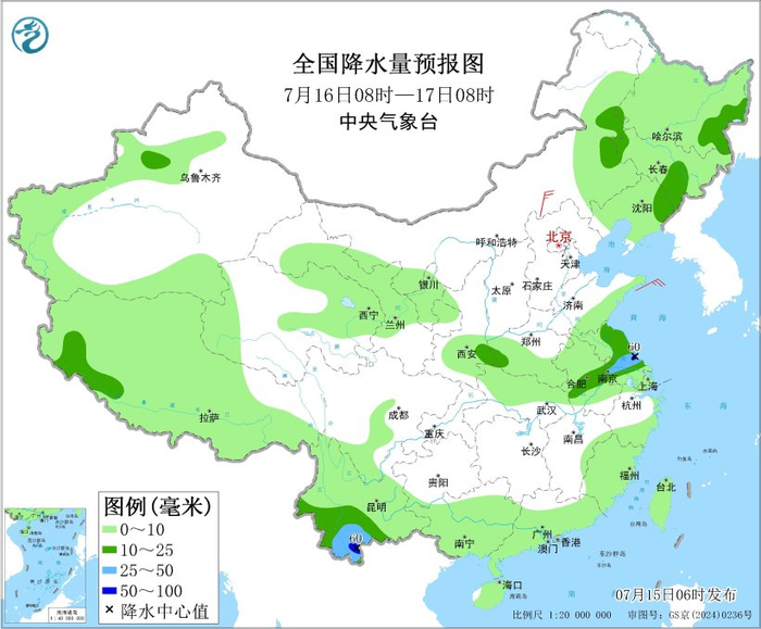 图3 全国降水量预报图（7月16日08时-17日08时）