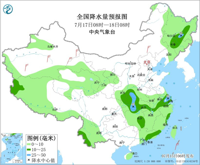 图4 全国降水量预报图（7月17日08时-18日08时）