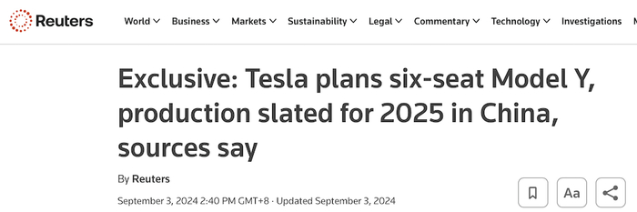 ▲路透社报道特斯拉六座版本的Model Y计划