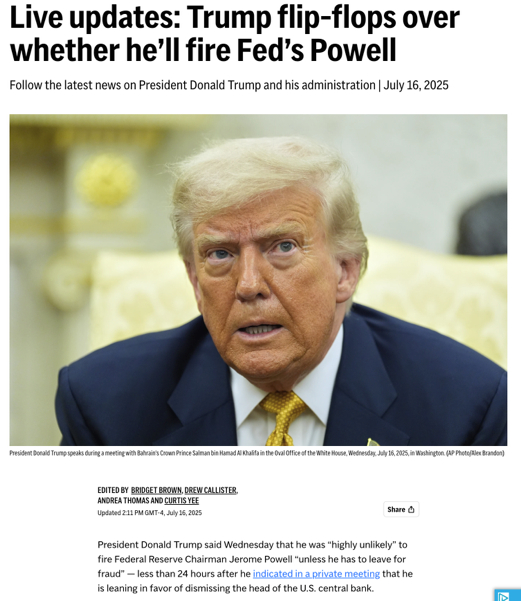 △美联社报道称，特朗普在罢免鲍威尔问题上摇摆不定。