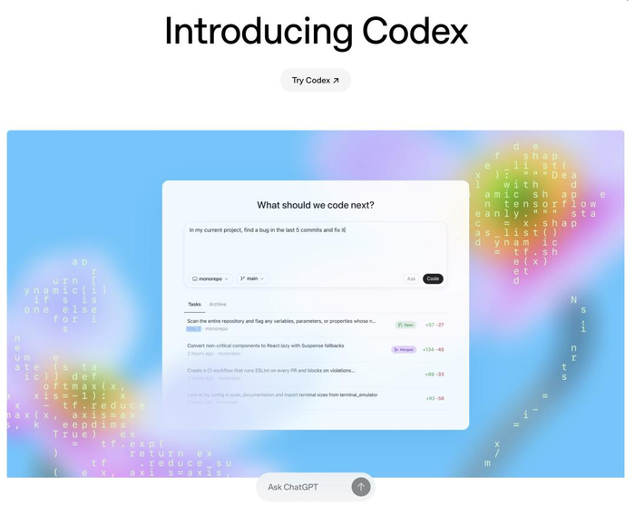 OpenAI 在今年 5 月推出的 AI 编程工具 Codex｜图片来源：OpenAI