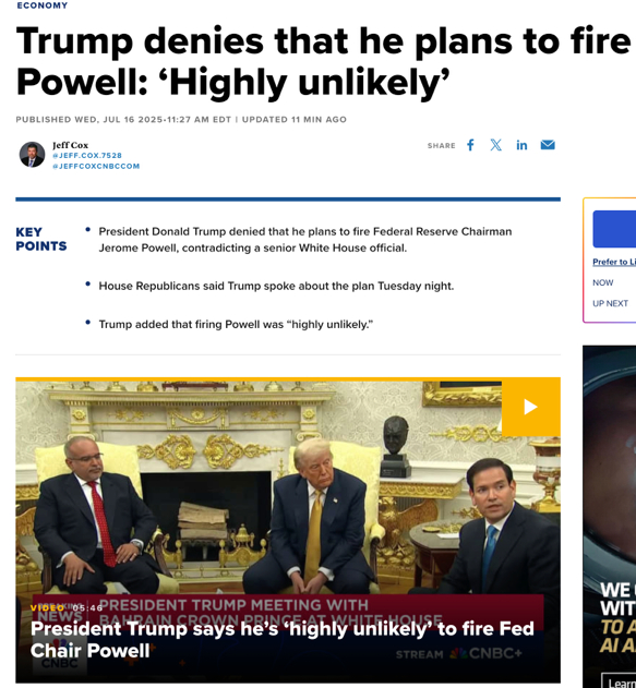 △美国消费者新闻与商业频道（CNBC）报道称，特朗普否认将解雇鲍威尔。