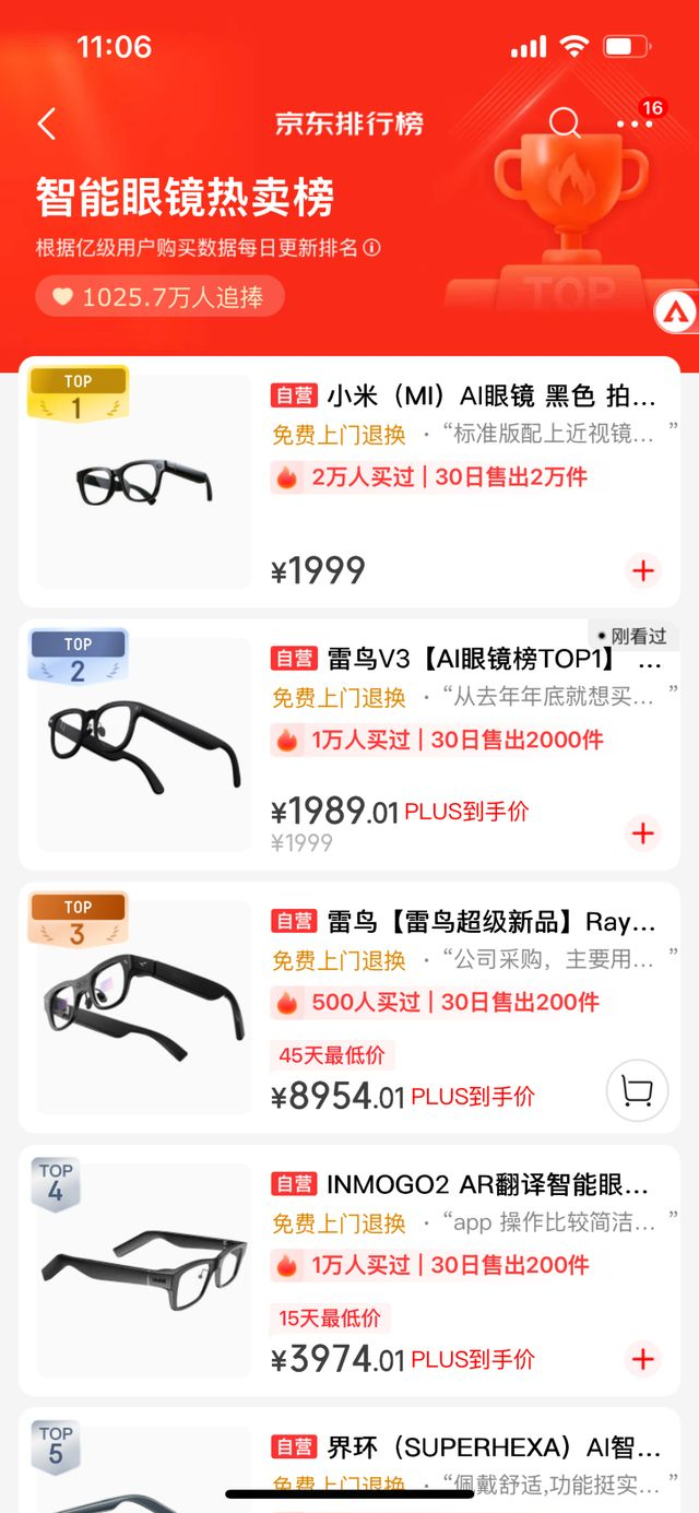 图注：在京东上，小米AI眼镜是品类销量第一名。