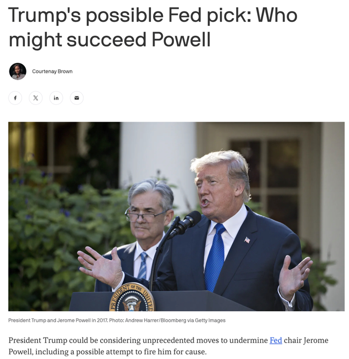 △美国时政新闻网站AXIOS详细分析了特朗普可能挑选的美联储主席人选，该话题已成为全美舆论热点。