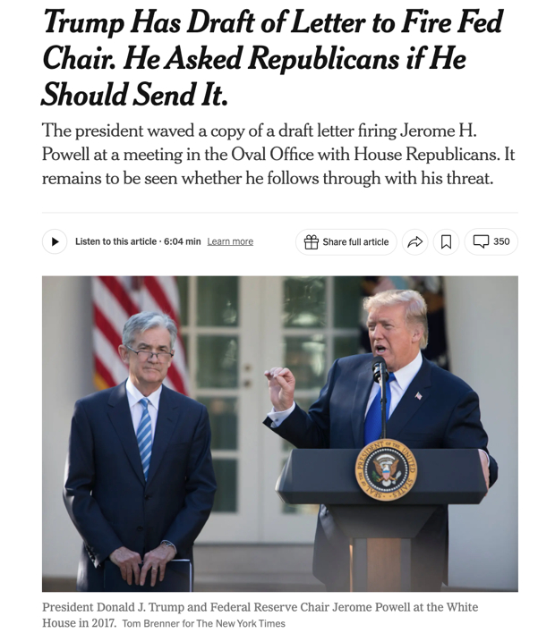 △《纽约时报》发文称，特朗普已经起草解雇美联储主席鲍威尔的信件。