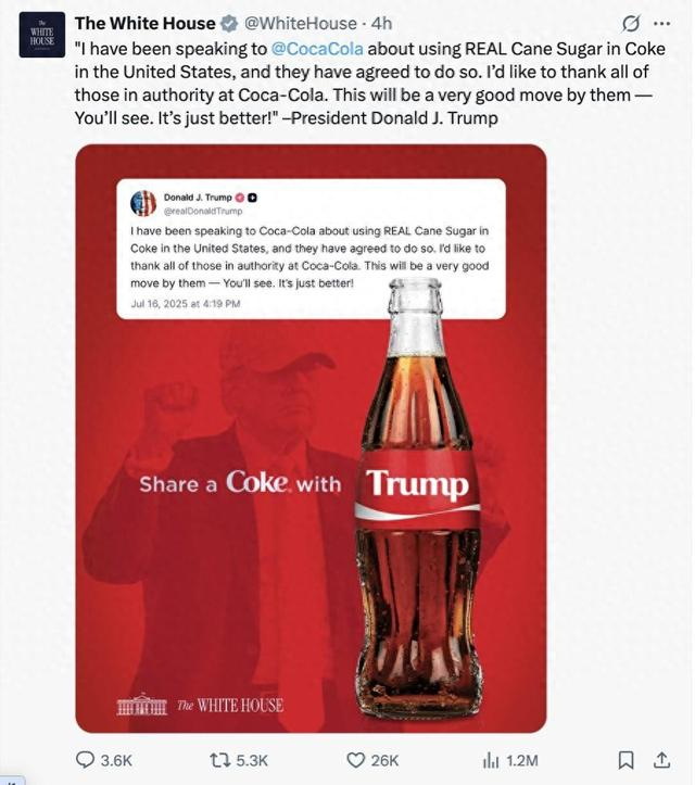 白宫社交媒体账号转发特朗普关于让在美销售可口可乐使用蔗糖帖文的截图。