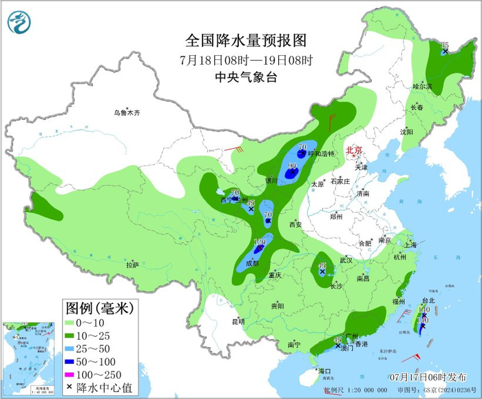 图4 全国降水量预报图（7月18日08时-19日08时）