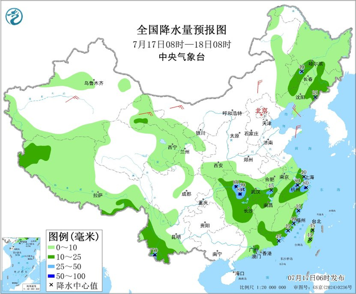 图3 全国降水量预报图（7月17日08时-18日08时）