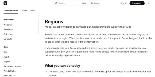 ▲Cursor的区域限制（图源：Cursor官网）