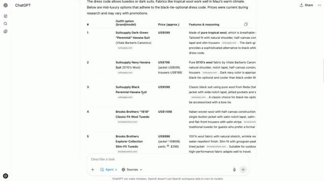 ▲ChatGPT Agent所生成的婚礼策划（图源：OpenAI）
