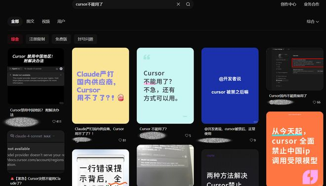▲Cursor断供部分模型引热议（图源：小红书）