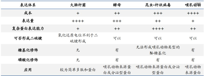 图：不同蛋白表达系统比较，来源：国盛证券
