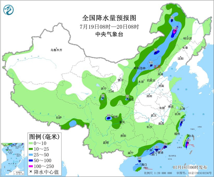 图4 全国降水量预报图（7月19日08时-20日08时）