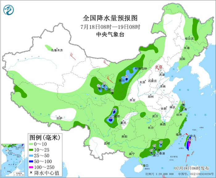 图3 全国降水量预报图（7月18日08时-19日08时）