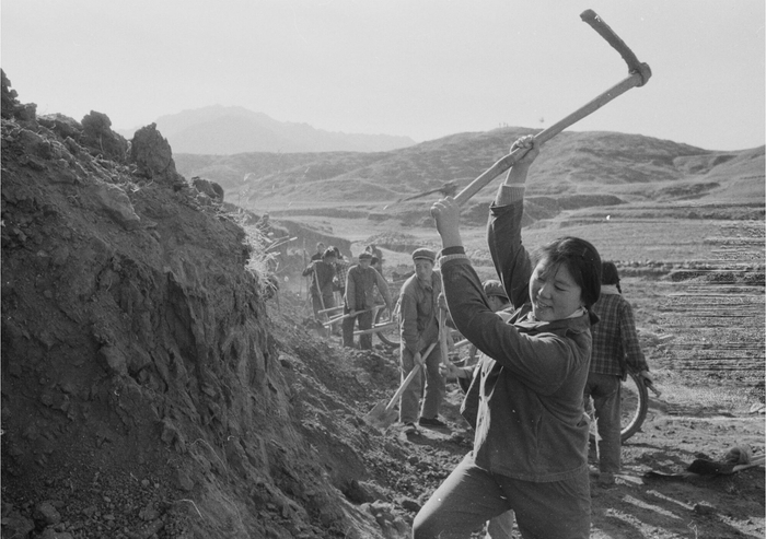 1975年，上庄子大队党支部书记刁荣芬和社员一起平整土地。 王宝琴摄