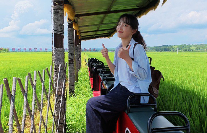 记者体验“稻田慢火车”。新华社记者 张文嵘 摄