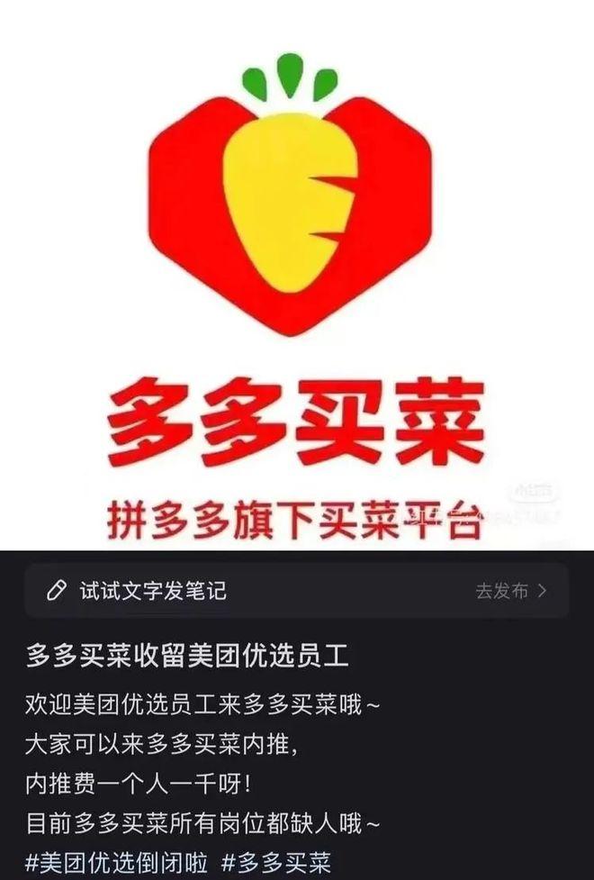 多多买菜招揽美团优选员工。图源：小红书