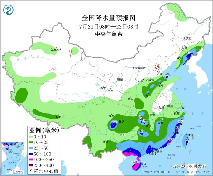 图4 全国降水量预报图（7月21日08时-22日08时）