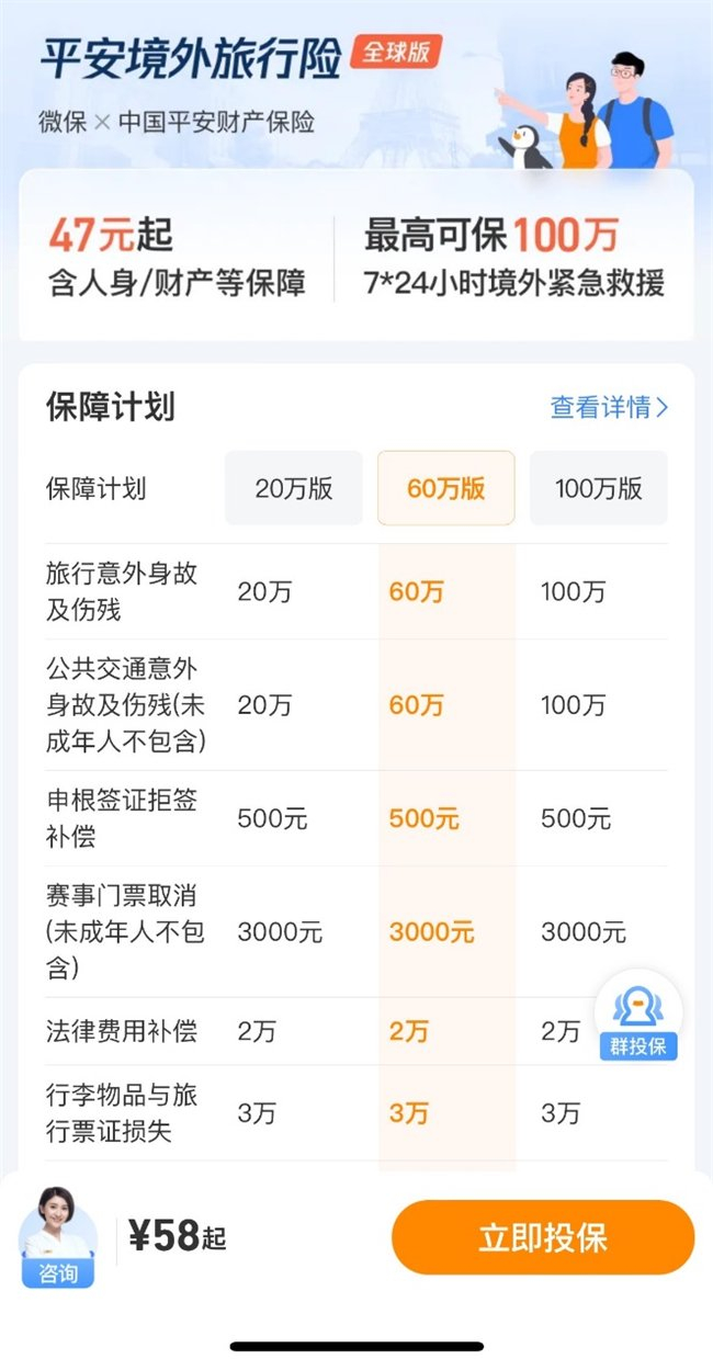 微保“平安境外旅行险”保障计划页面