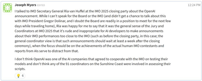 IMO 协调员 Joseph Myers 评论截图，内容为与 IMO 相关人员交流时均表示 OpenAI 此次做法不合时宜。