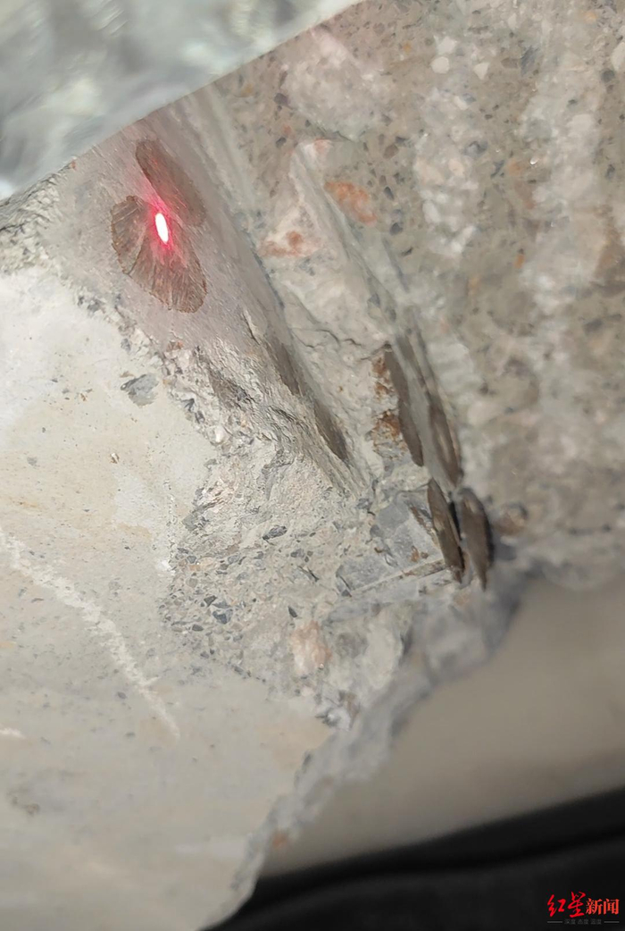 ▲受损房梁多根钢筋被剔断