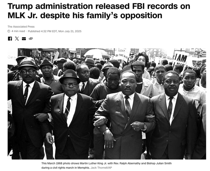 △CNN报道，特朗普政府不顾马丁·路德·金家人反对，公布了长达25万页相关文件