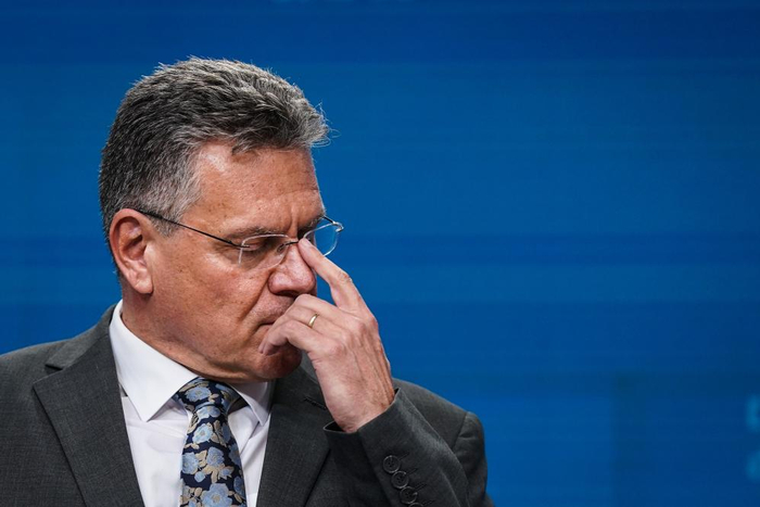 7月14日，在比利时首都布鲁塞尔，欧盟委员会负责贸易和经济安全等事务的委员谢夫乔维奇出席新闻发布会。新华社记者彭子洋摄