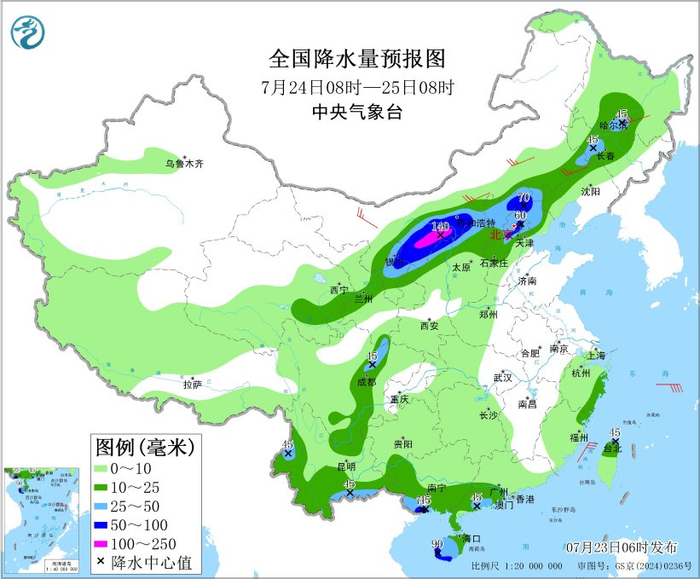 图3 全国降水量预报图（7月24日08时-25日08时）
