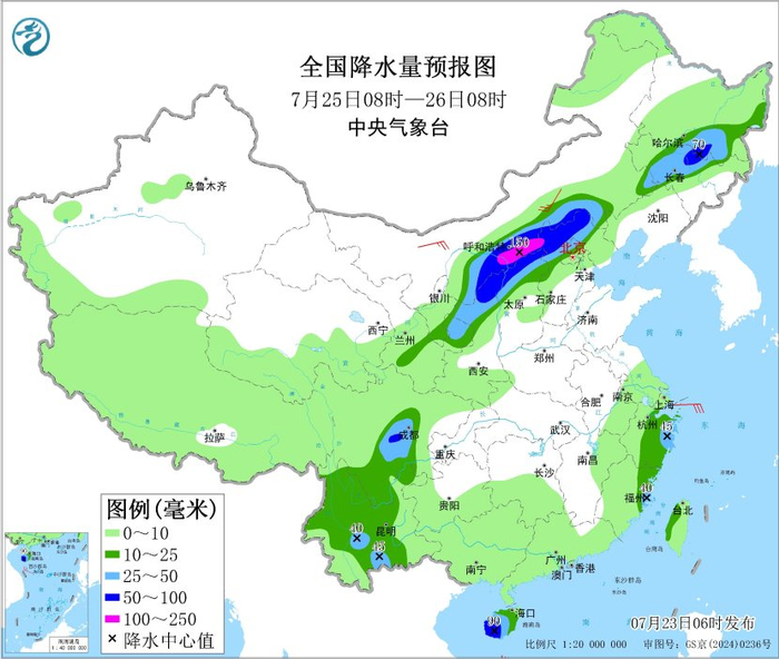 图4 全国降水量预报图（7月25日08时-26日08时）