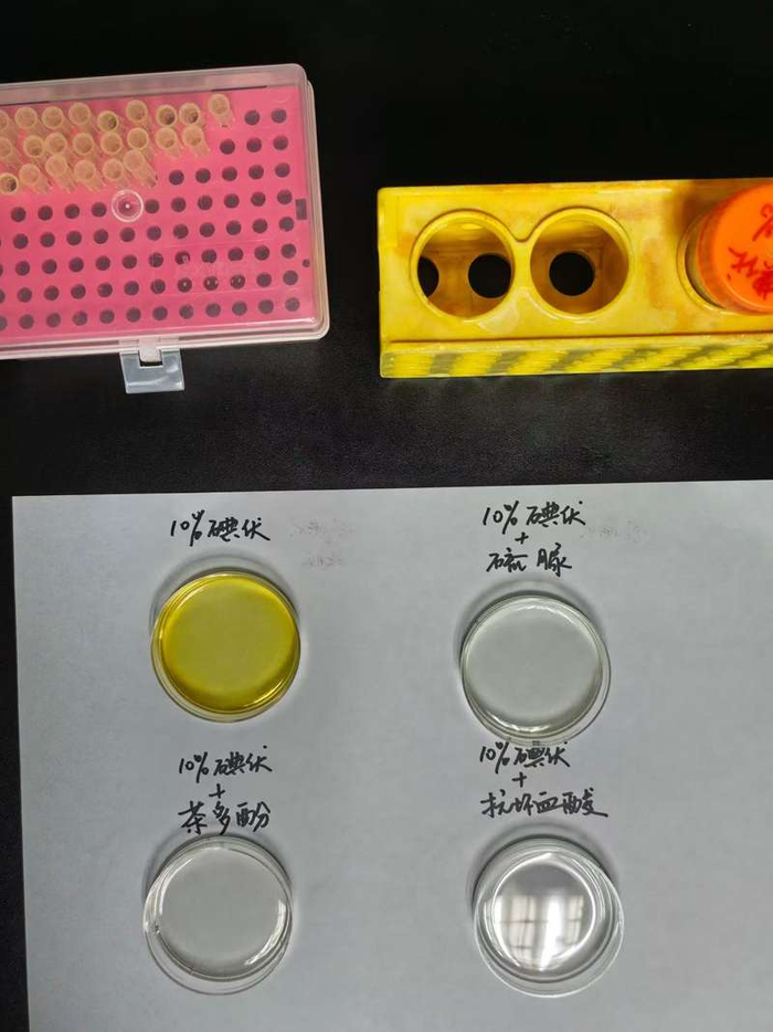 碘伏溶液与相同浓度的硫脲、茶多酚与抗坏血酸（俗称维生素C）进行反应实验，静止3小时后的褪色效果对比。受访者供图