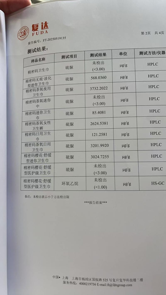 今年5月，第一批消费者集中送检“棉密码”卫生巾，结果显示，10份样品中有7份检出硫脲。受访者供图