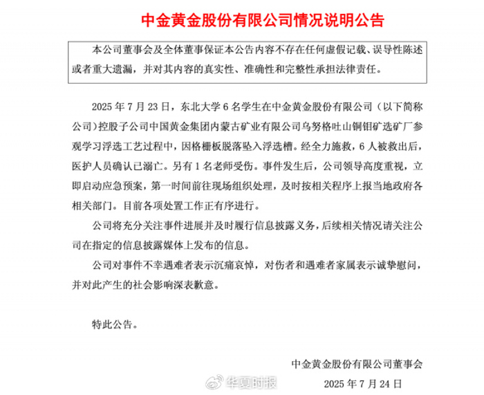 截图自中金黄金公告