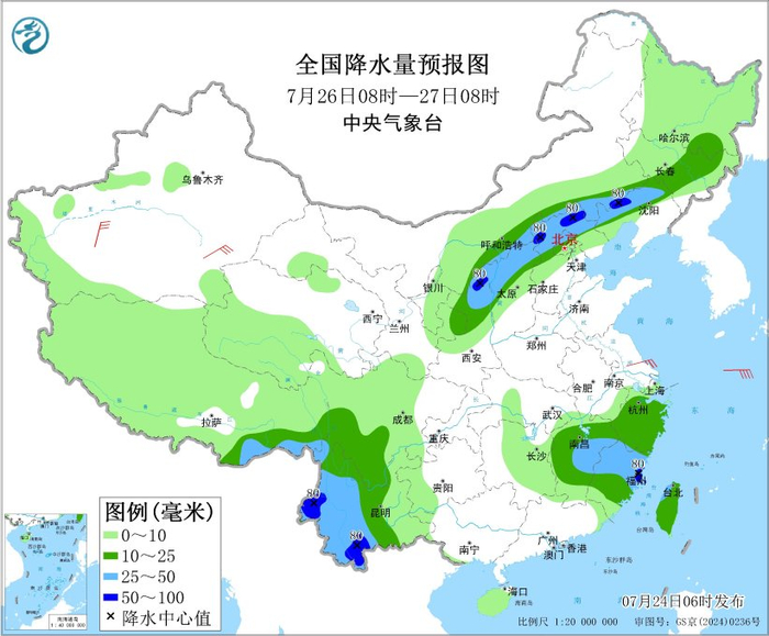 图4 全国降水量预报图（7月26日08时-27日08时）