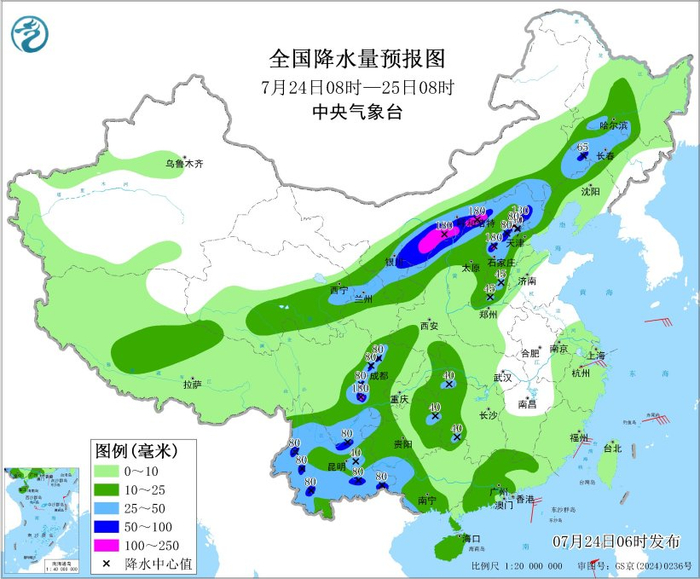 图2 全国降水量预报图（7月24日08时-25日08时）